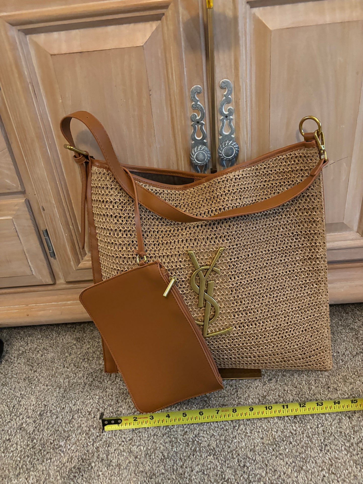 YSL Rattan Shoulder Bag with Zippered Pouch 2470