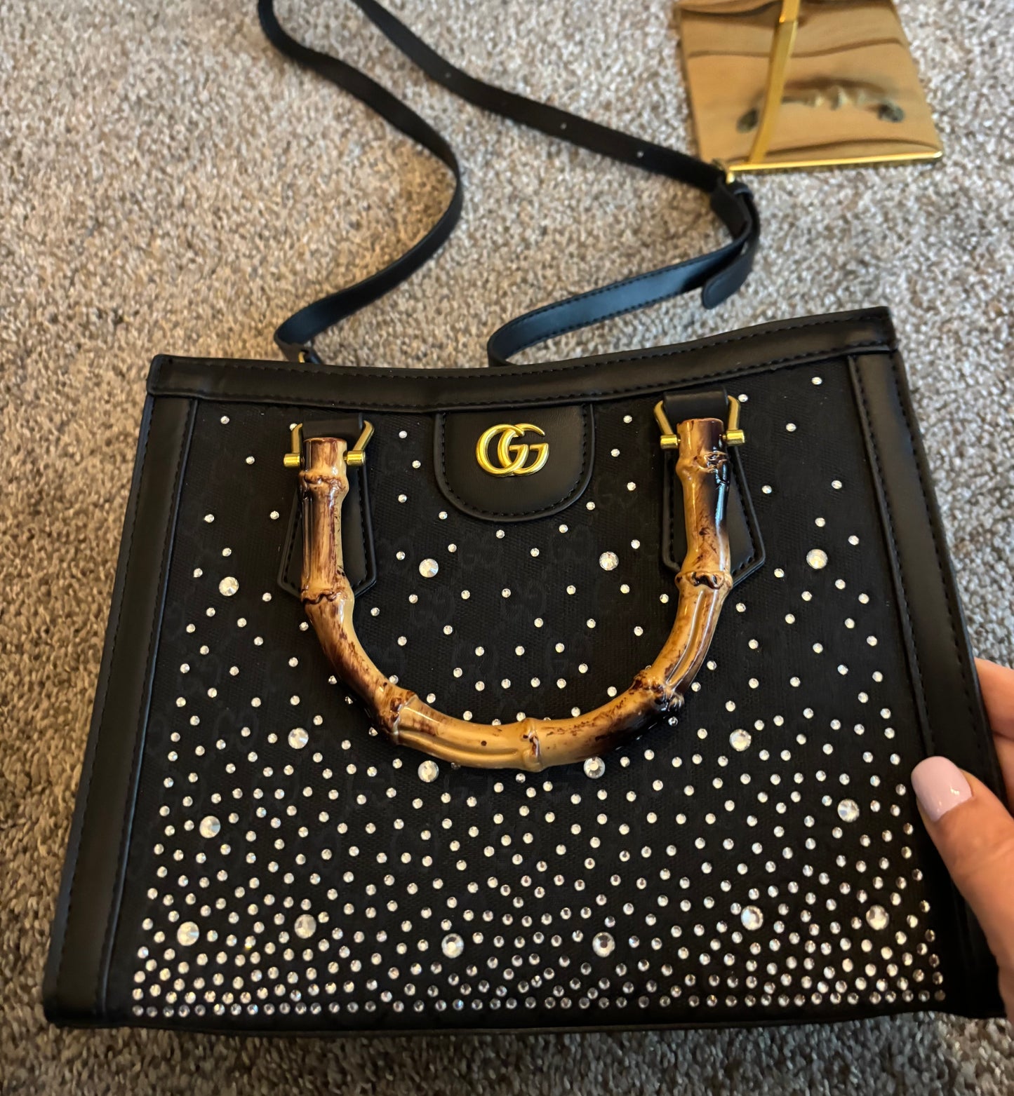 Gucci Black Diana Bamboo Handle/Crossbody Rhinestone 2685