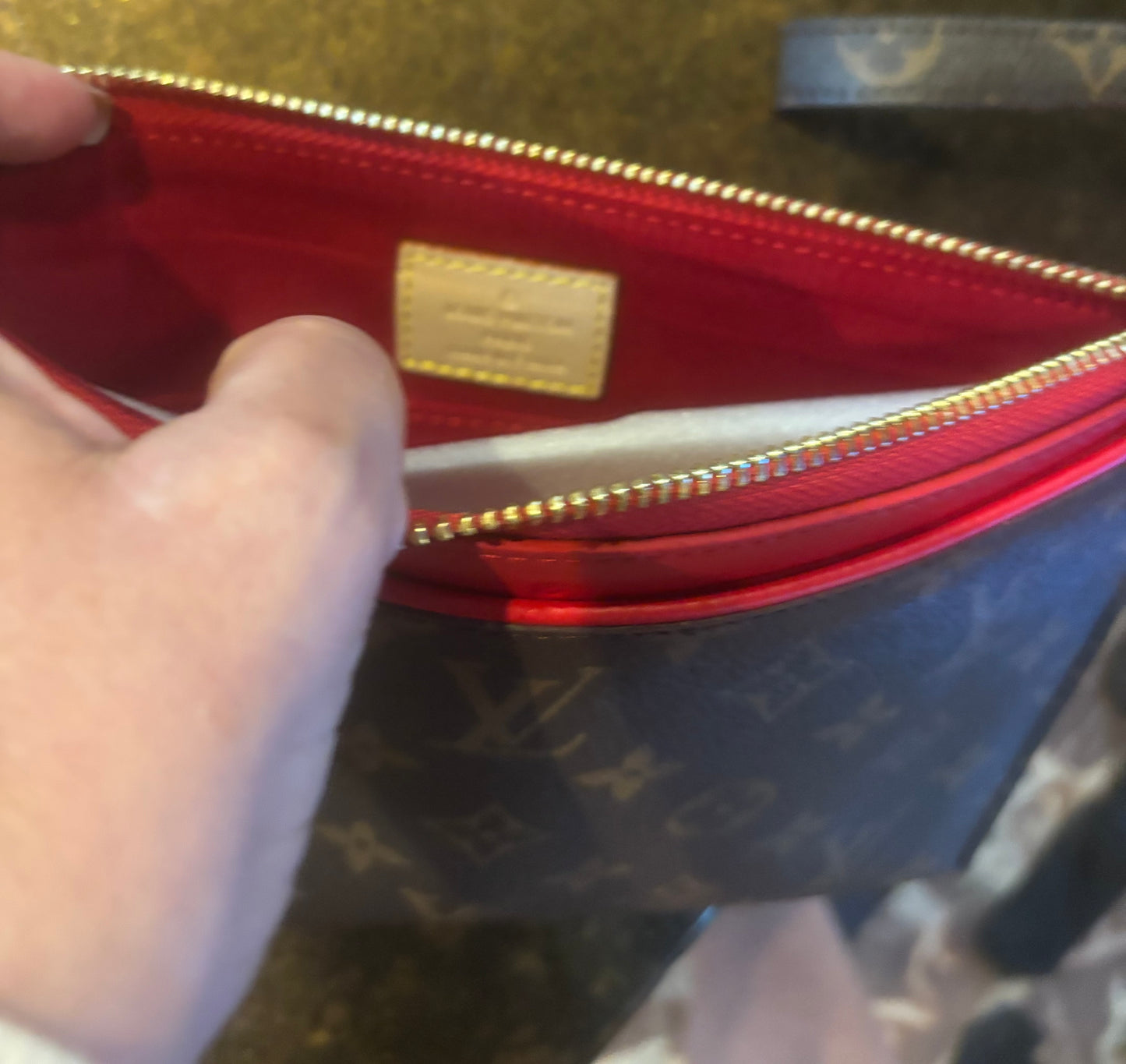LV Brown Mono Red Trim Clutch 2696