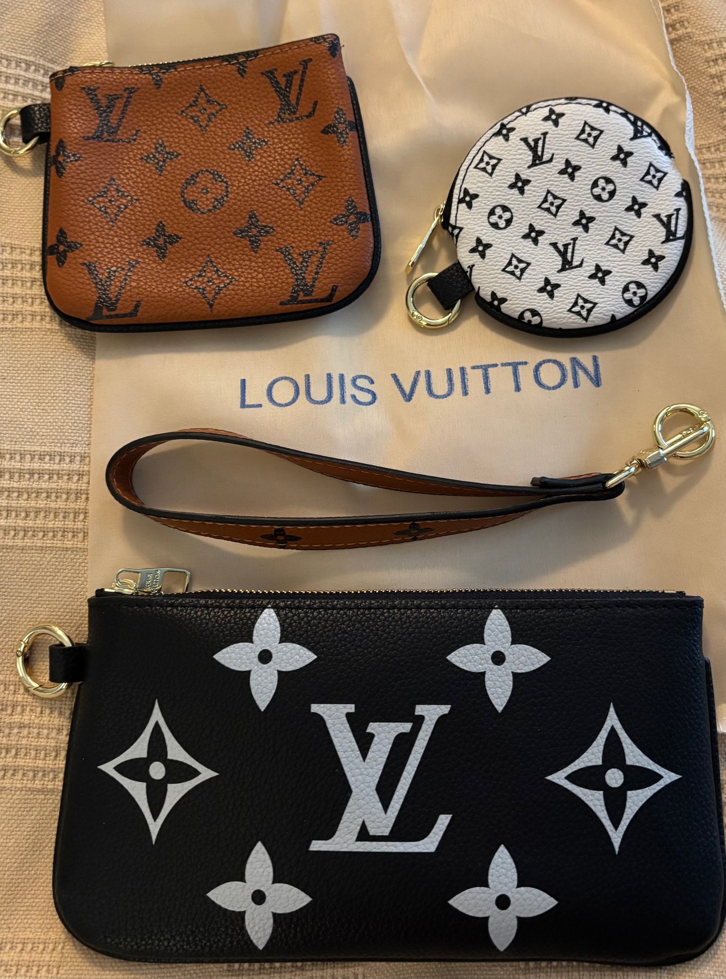 LV Brown, Black & White Zippered Pouches 3pc set