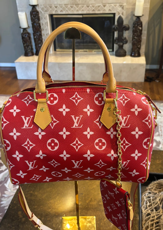 LV Red Speedy with crossbody strap