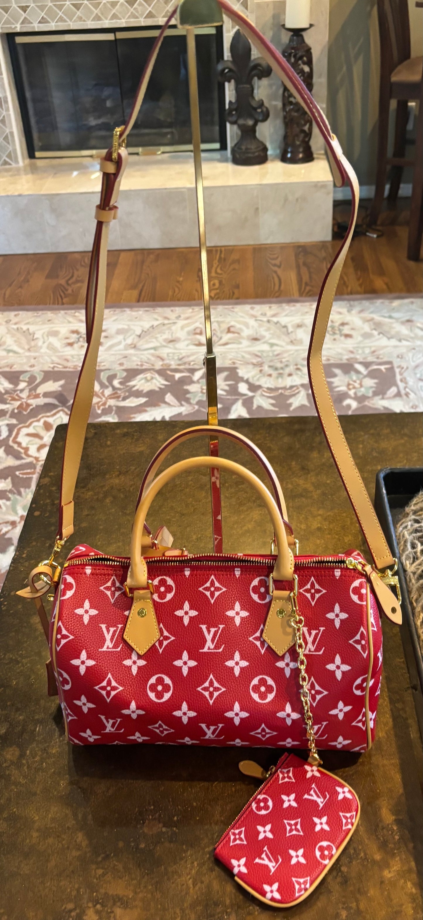 LV Red Speedy with crossbody strap