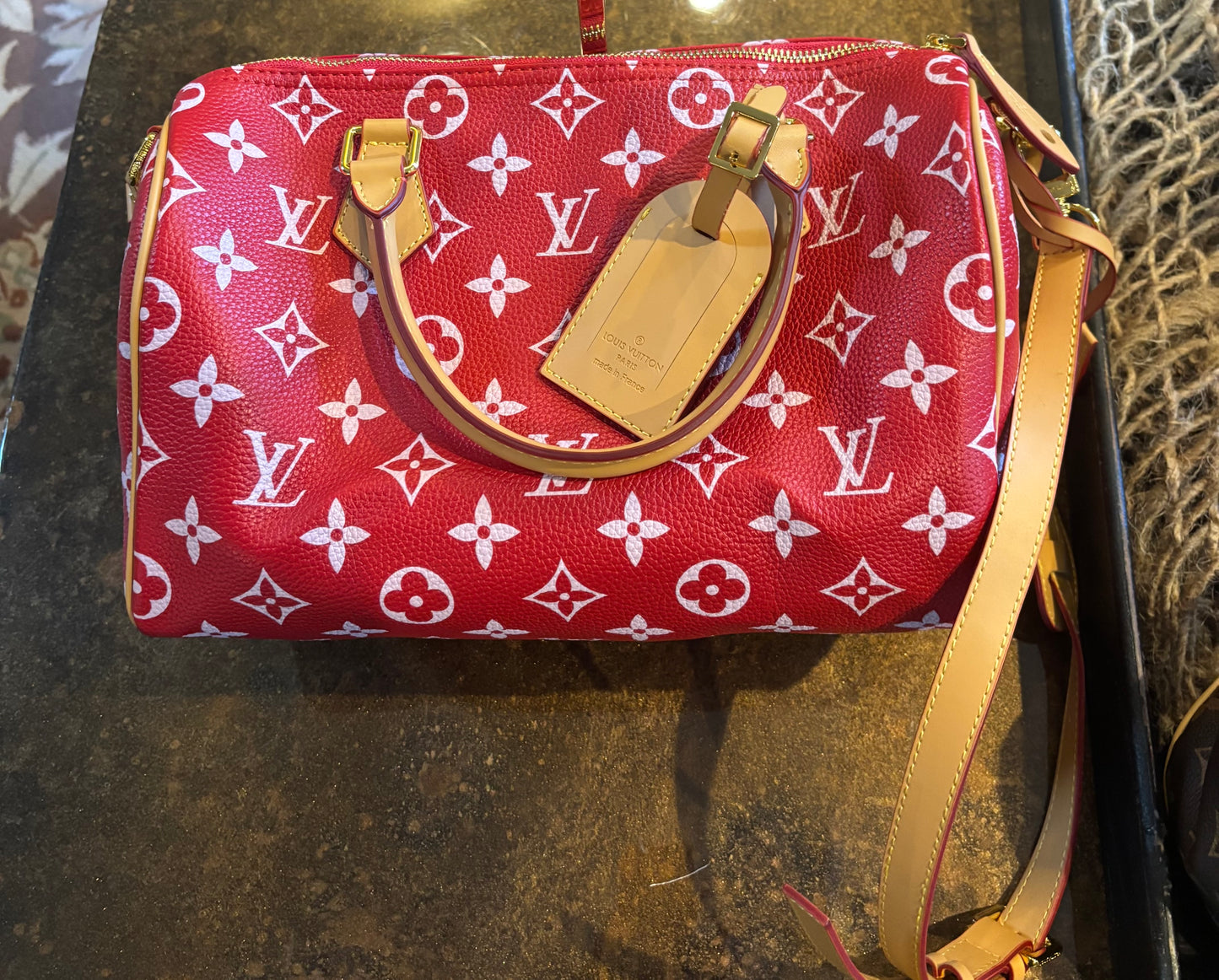 LV Red Speedy with crossbody strap