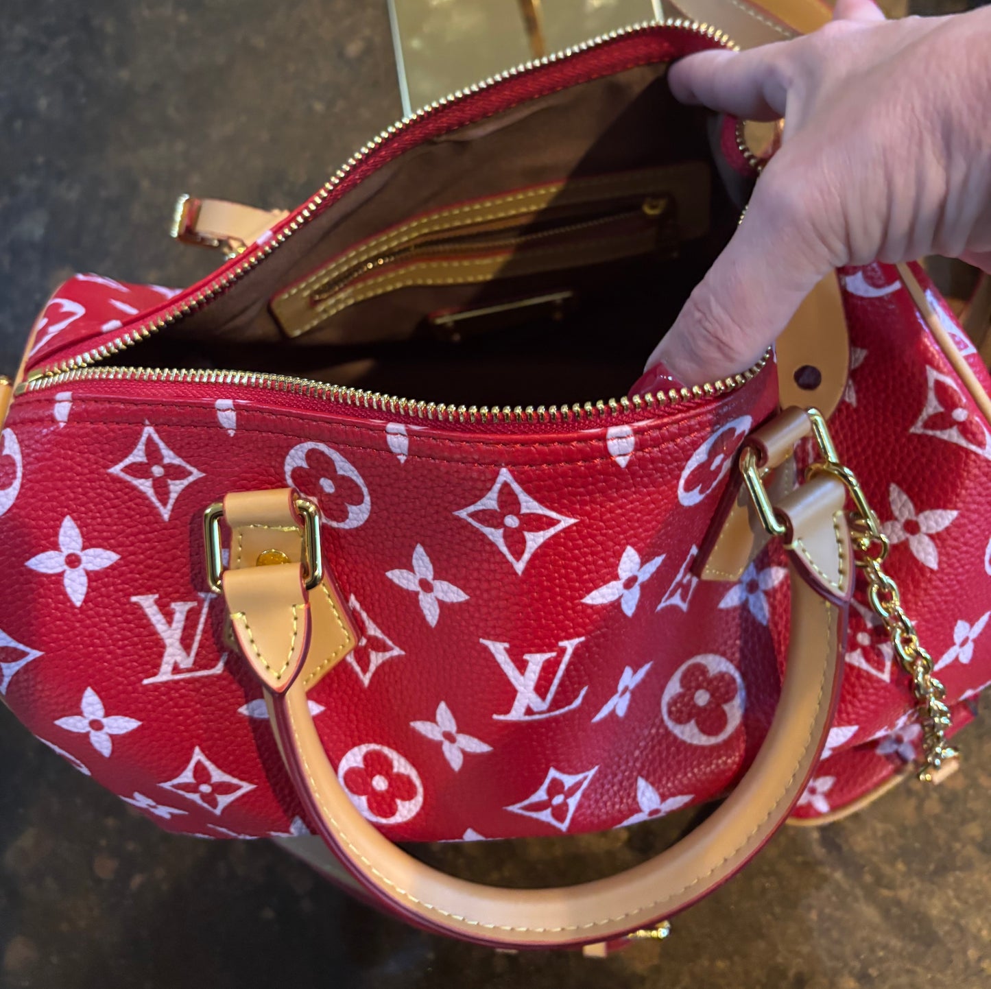LV Red Speedy with crossbody strap