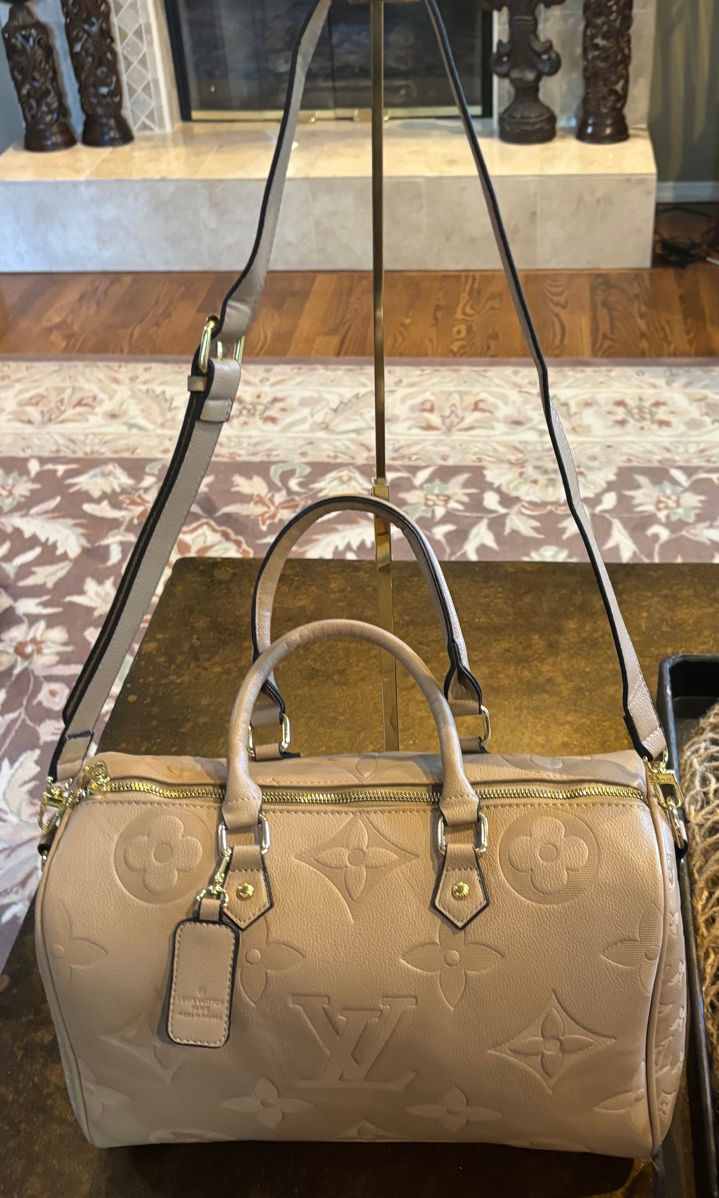 LV Tan Large Speedy with Crossbody Strap