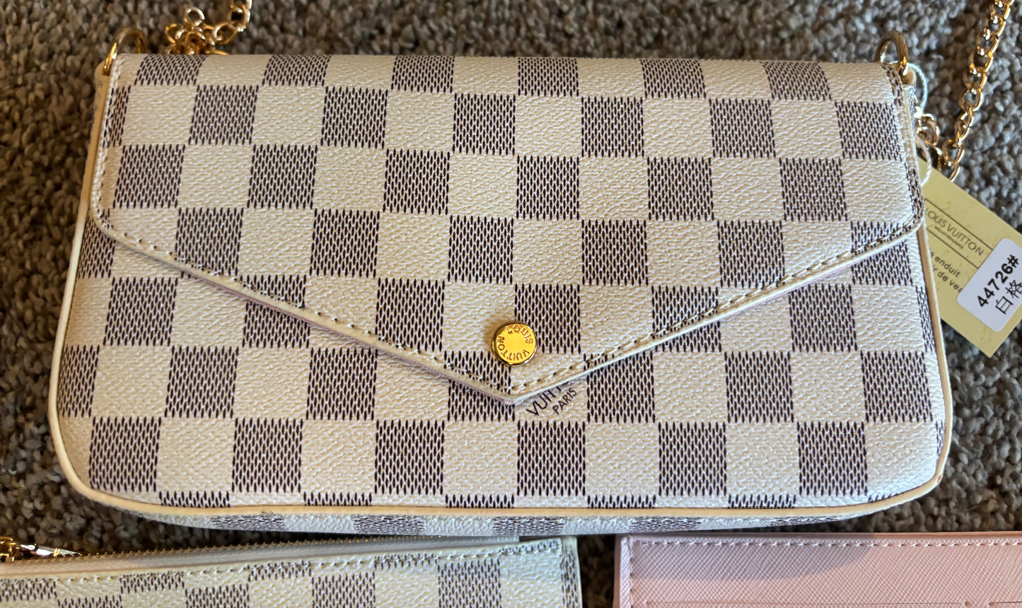 LV White Damier 3Pc Set Shoulder Bag/Clutch 2668