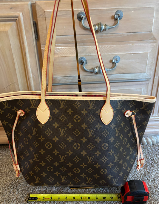 LV Brown Mono Neverfull Shoulder Bag Red Interior
