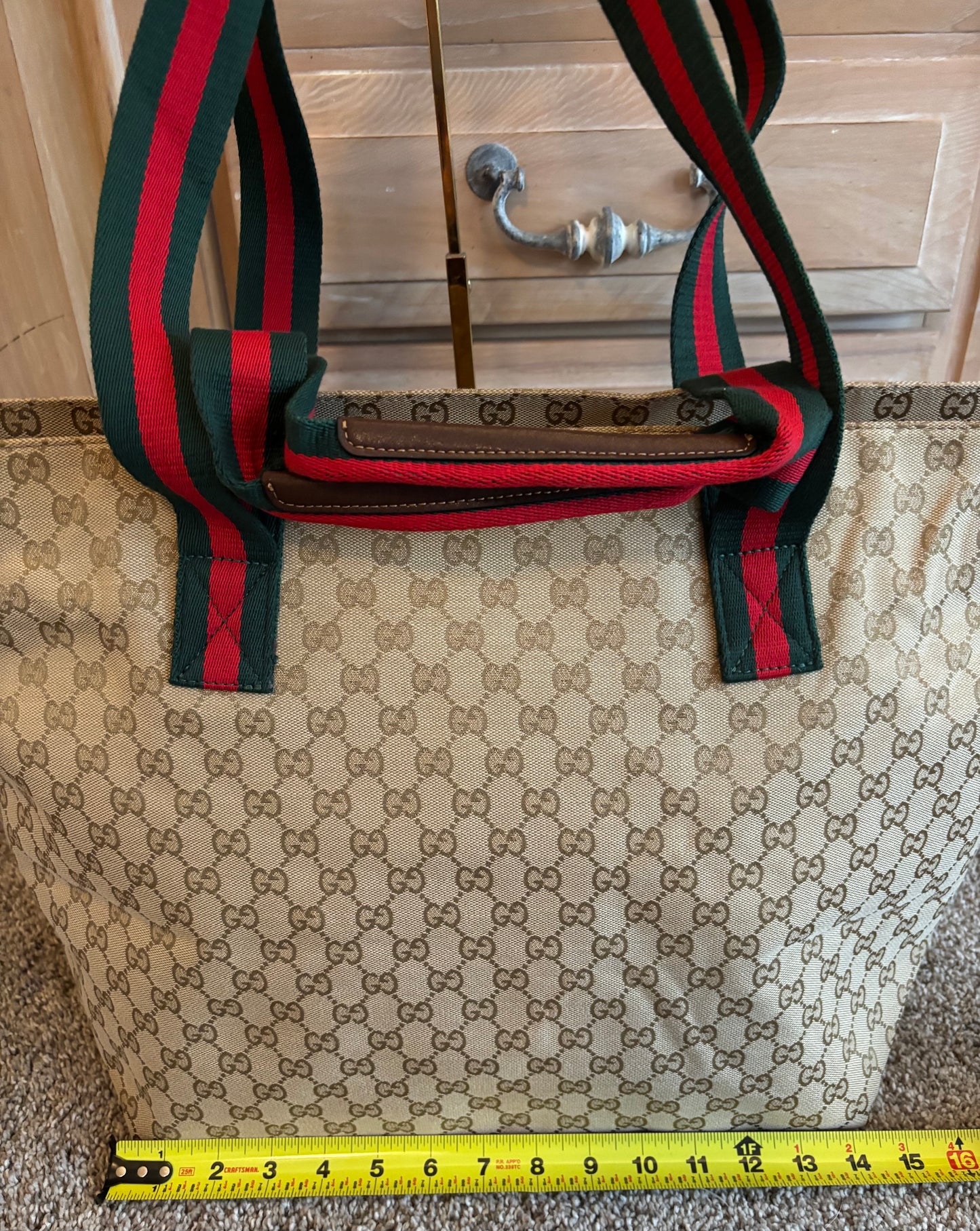 Gucci GG Canvas Tote Bag Green/Red Shoulder Strapes 2675