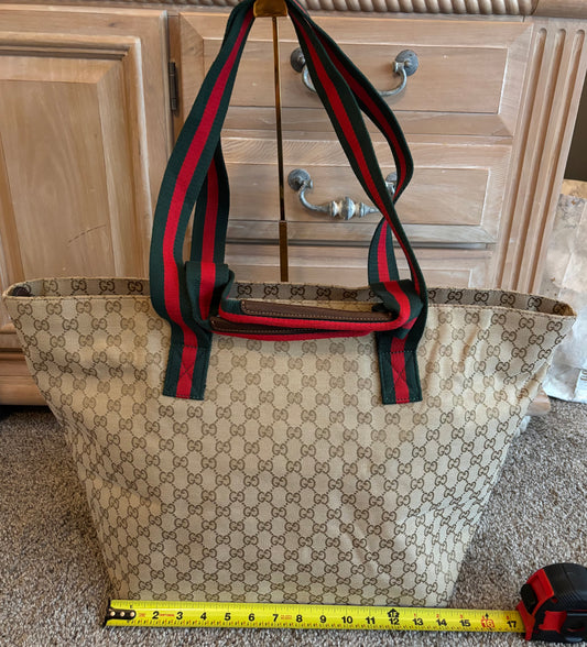 Gucci GG Canvas Tote Bag Green/Red Shoulder Strapes 2675
