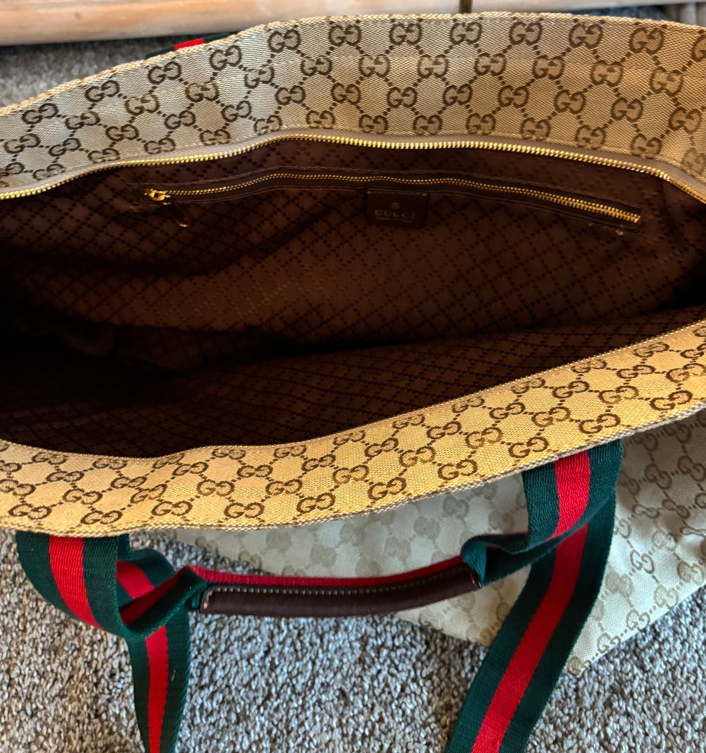 Gucci GG Canvas Tote Bag Green/Red Shoulder Strapes 2675