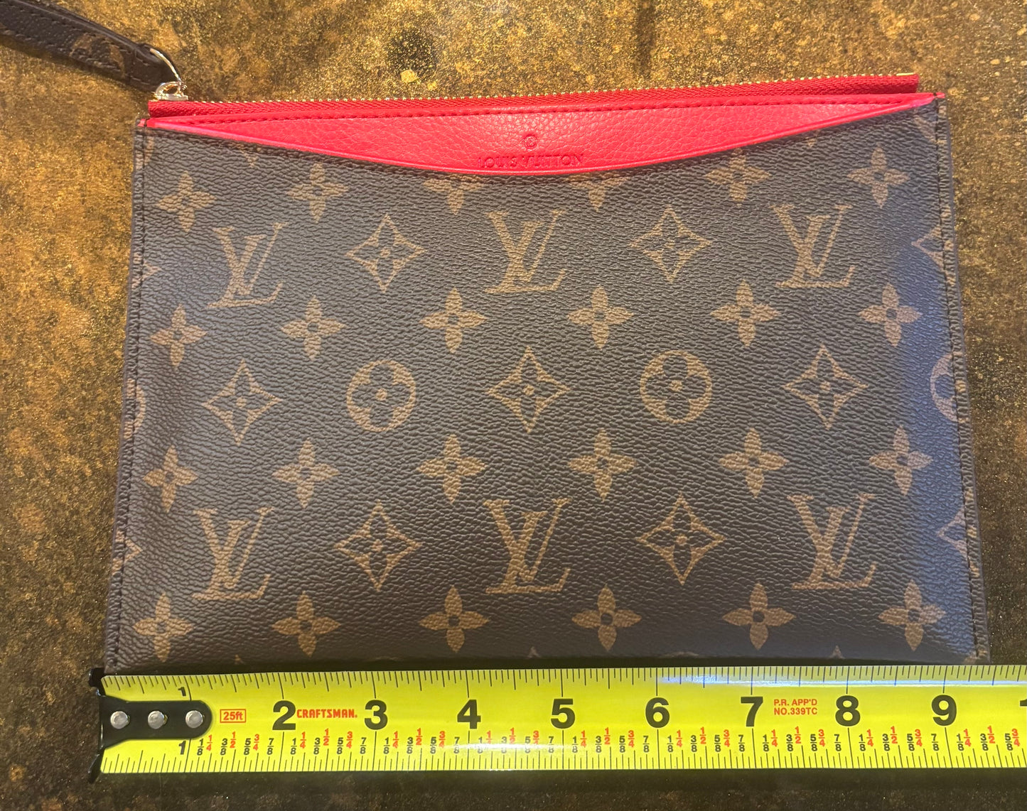 LV Brown Mono Red Trim Clutch 2696