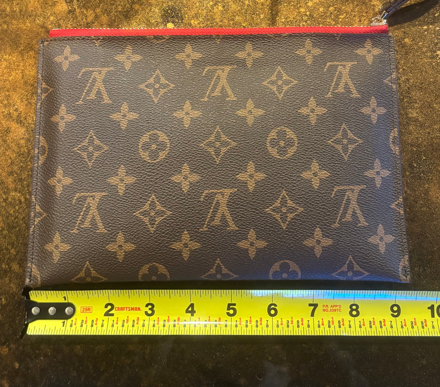 LV Brown Mono Red Trim Clutch 2696