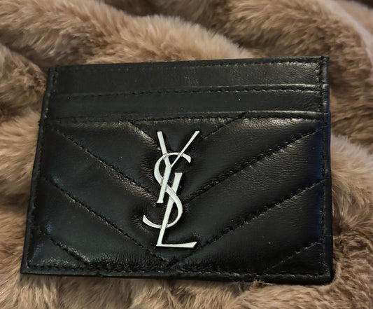 YSL Cardholder Blk Leather silver hardware