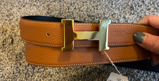 H Hermes Tan/Black Leather Reversible Belt 2637