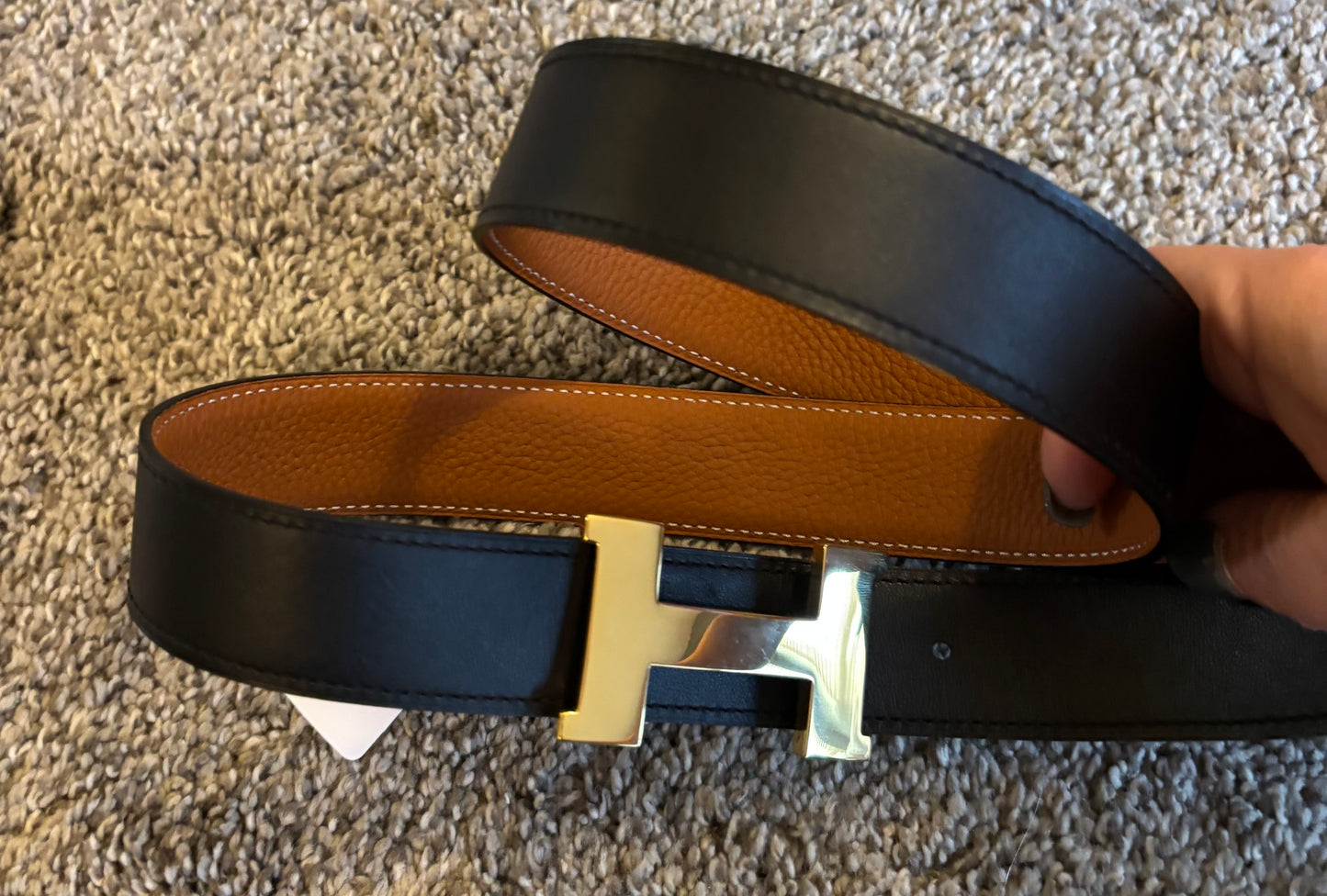 H Hermes Tan/Black Leather Reversible Belt 2637