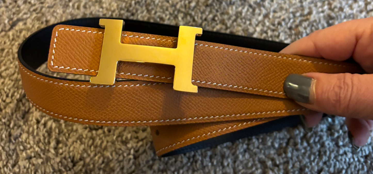 H Hermes Tan/Black Leather Reversible Belt 2637