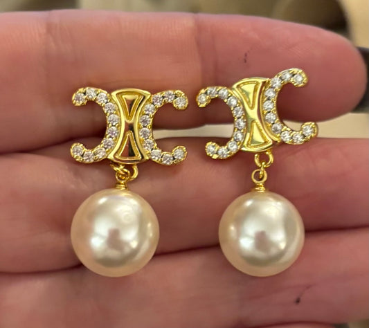 Celine Pearl Drop Earrings Gold Accent 2347
