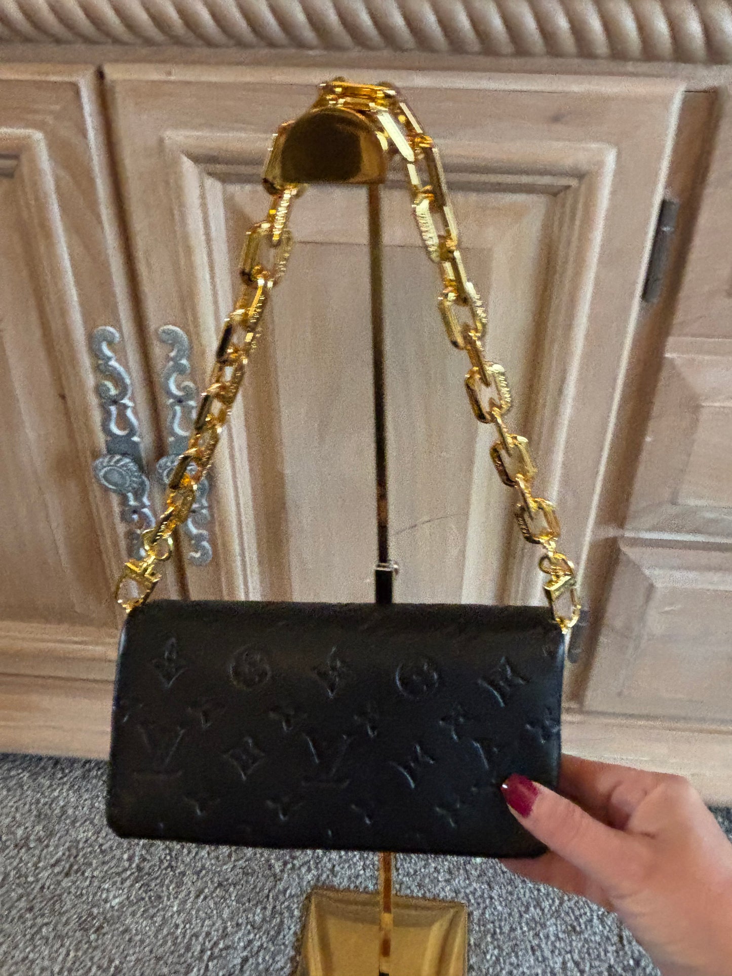 LV Black Leather Fold Over Shoulder/Crossbody 2440