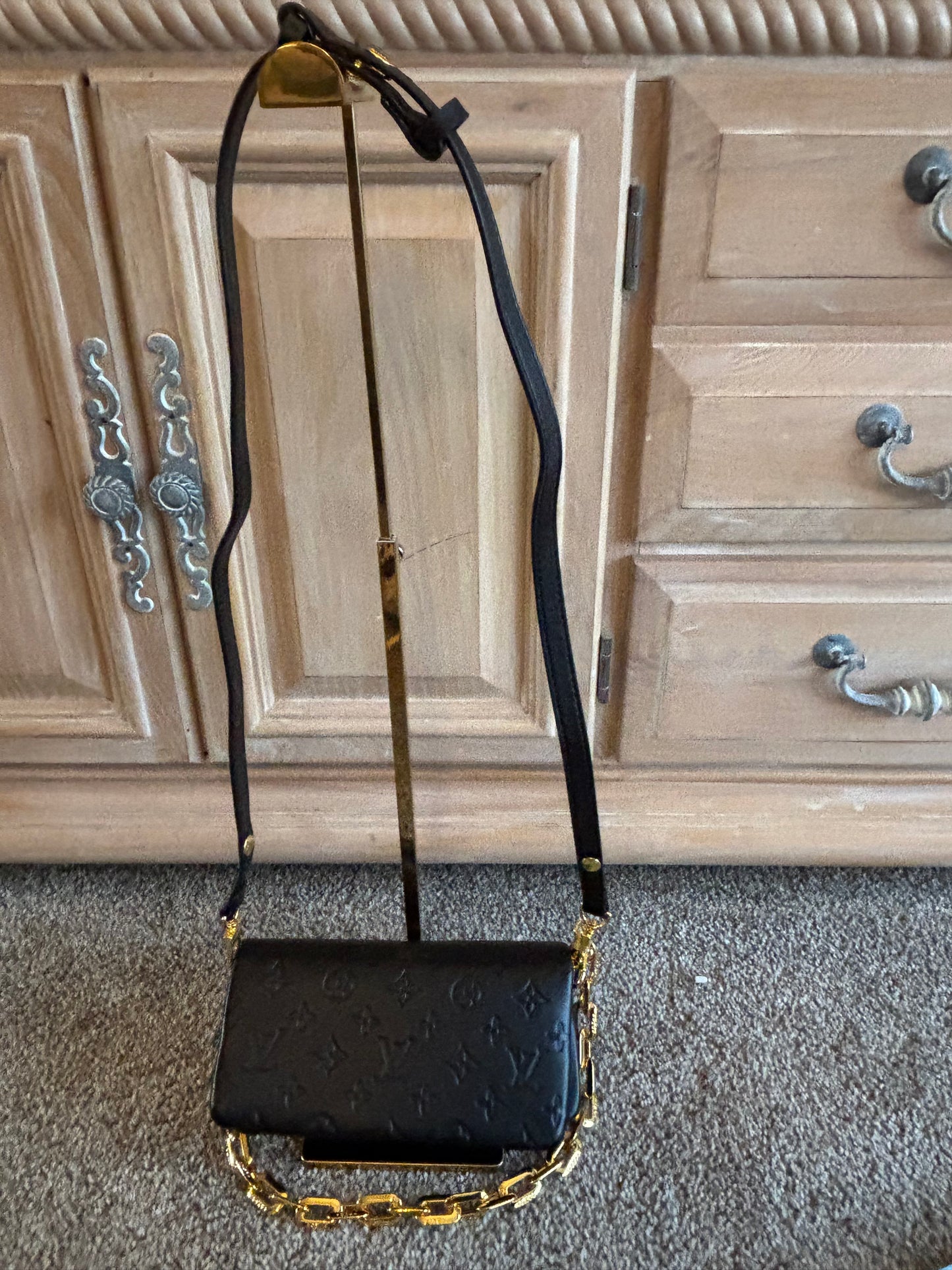 LV Black Leather Fold Over Shoulder/Crossbody 2440