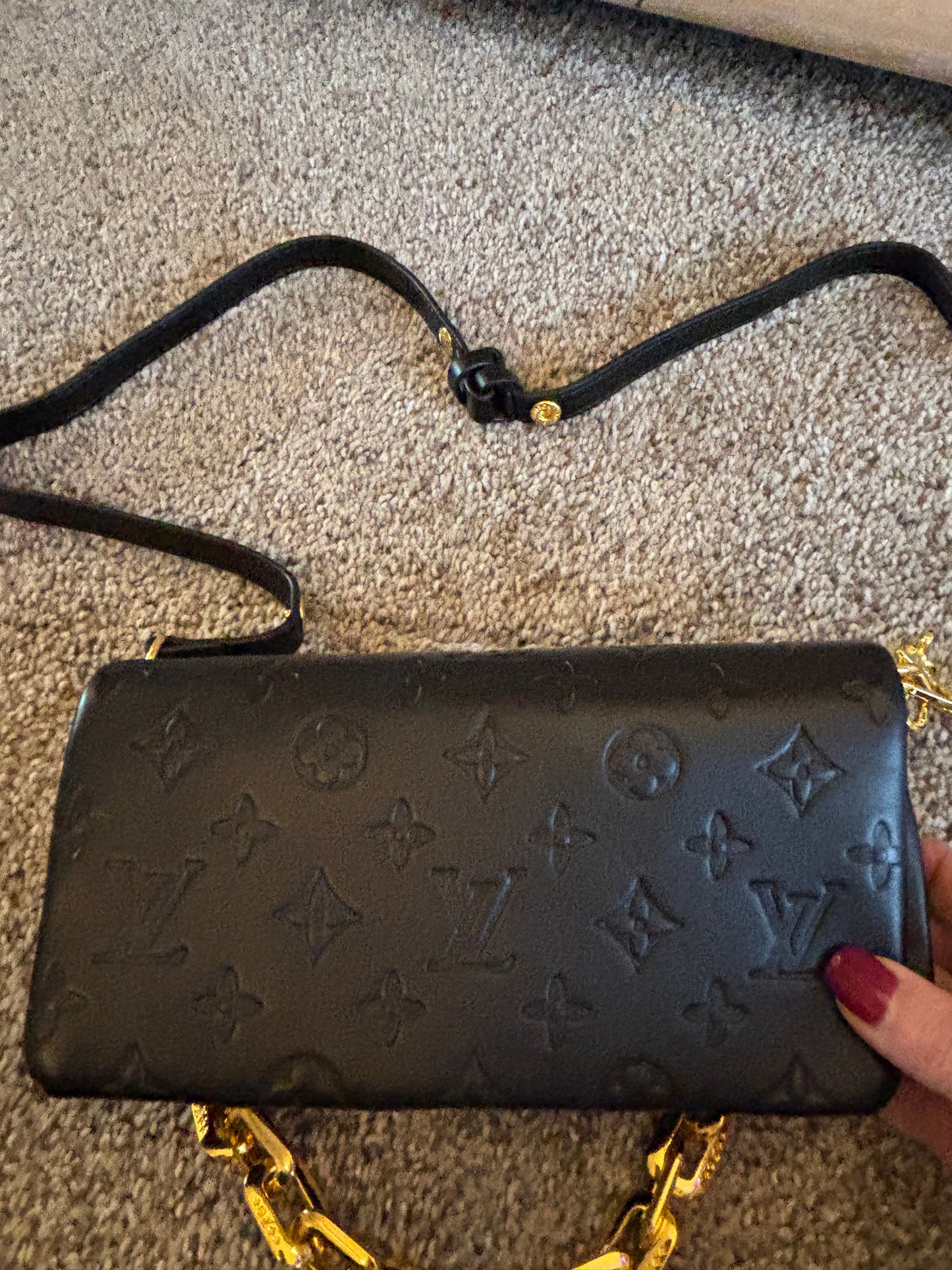 LV Black Leather Fold Over Shoulder/Crossbody 2440